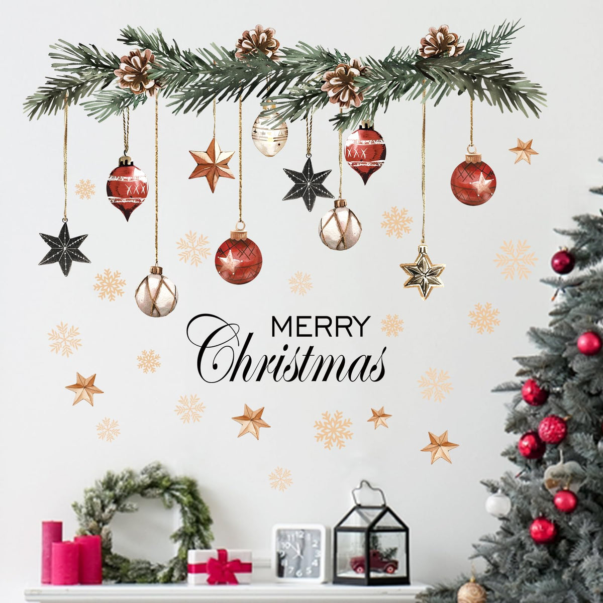Mfault merry christmas ornaments wall decal for easy festive decor on bedroom walls.