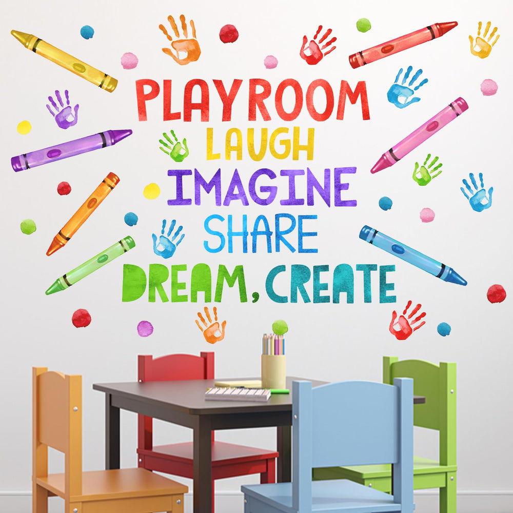 Mfault playroom decal with crayon handprints on wall for playful ambiance