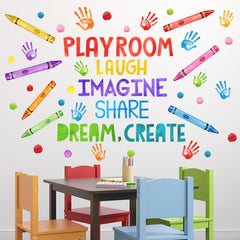 Mfault playroom decal with crayon handprints on wall for playful ambiance