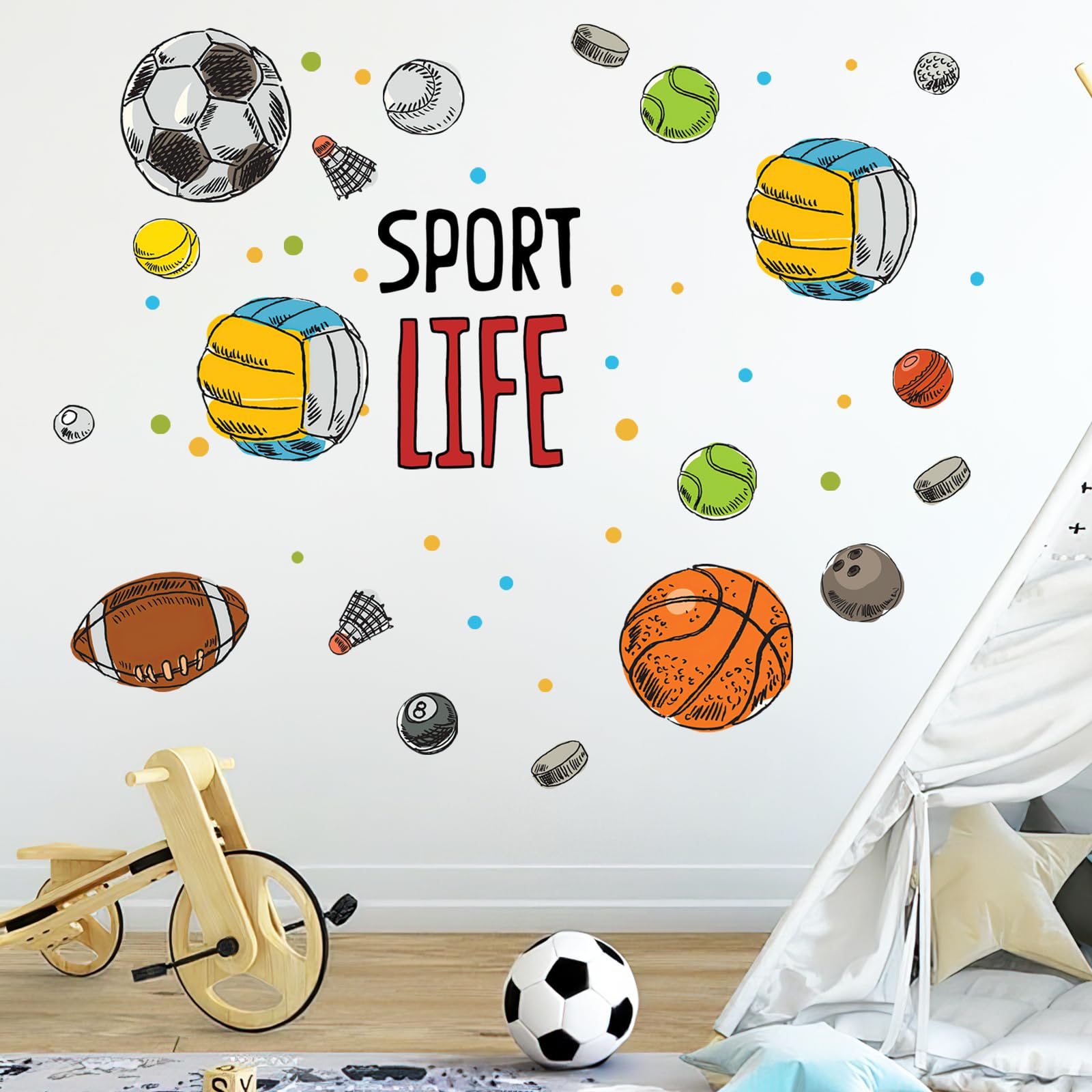 Mfault Sport Life Balls wall decal with rugby pattern energizing boys' bedroom decor