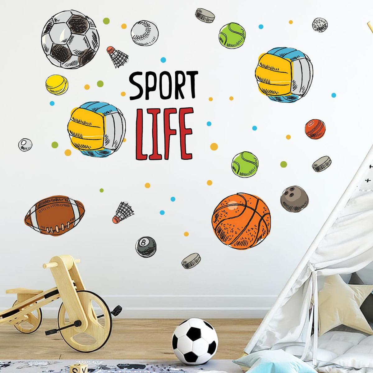 Mfault Sport Life Balls wall decal with rugby pattern energizing boys' bedroom decor