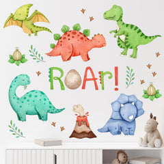 Mfault watercolor dinosaur roar wall decal in a softly lit nursery for neutral decor settings