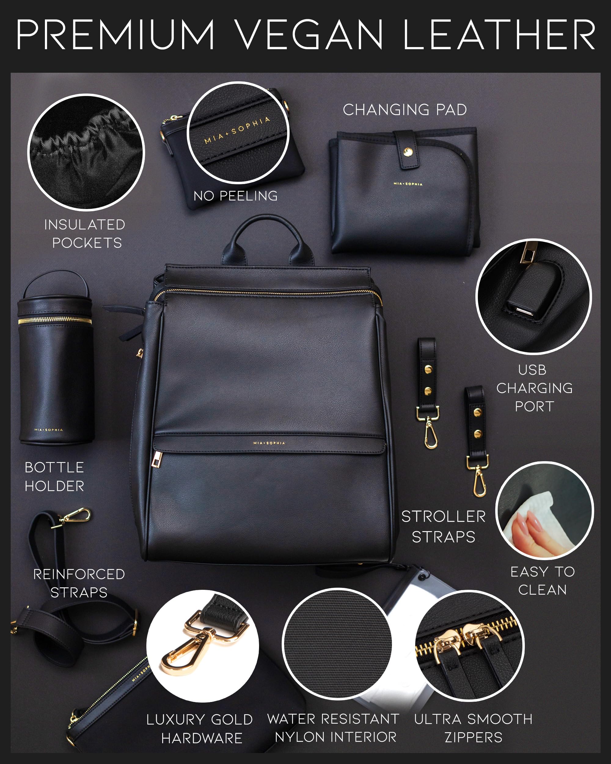 MIA + SOPHIA adjustable shoulder strap for crossbody or backpack wear.