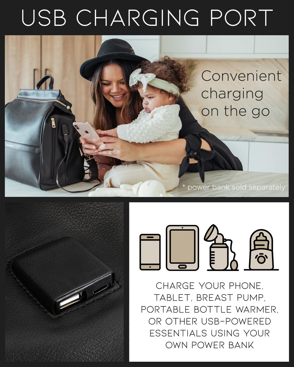 MIA + SOPHIA insulated bottle holder keeps drinks warm or cool.