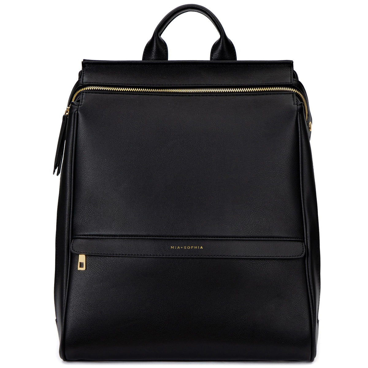 MIA + SOPHIA leather diaper bag backpack front view with stylish design and versatile storage.