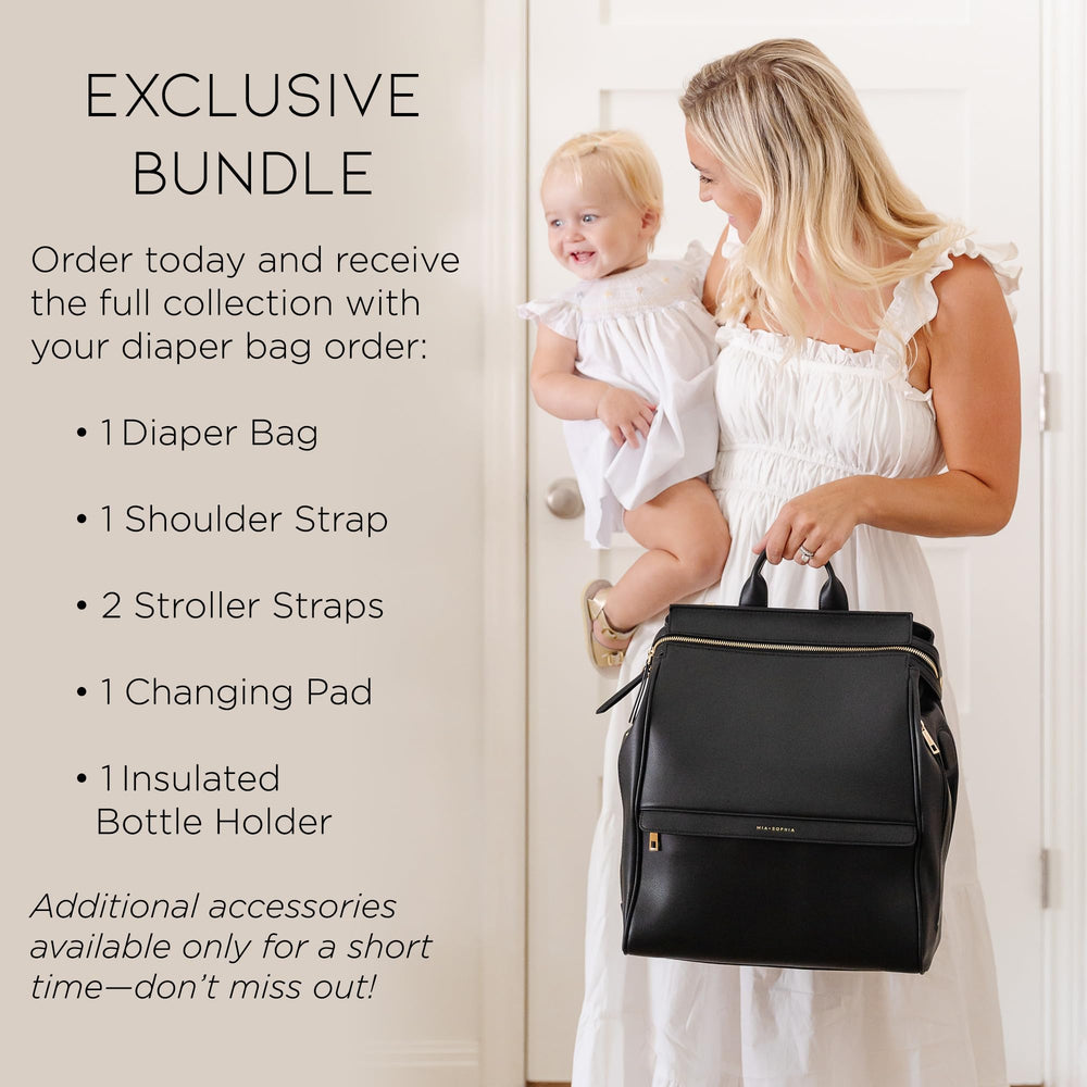 MIA + SOPHIA leather diaper bag backpack USB port for on-the-go charging.