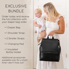 MIA + SOPHIA leather diaper bag backpack USB port for on-the-go charging.