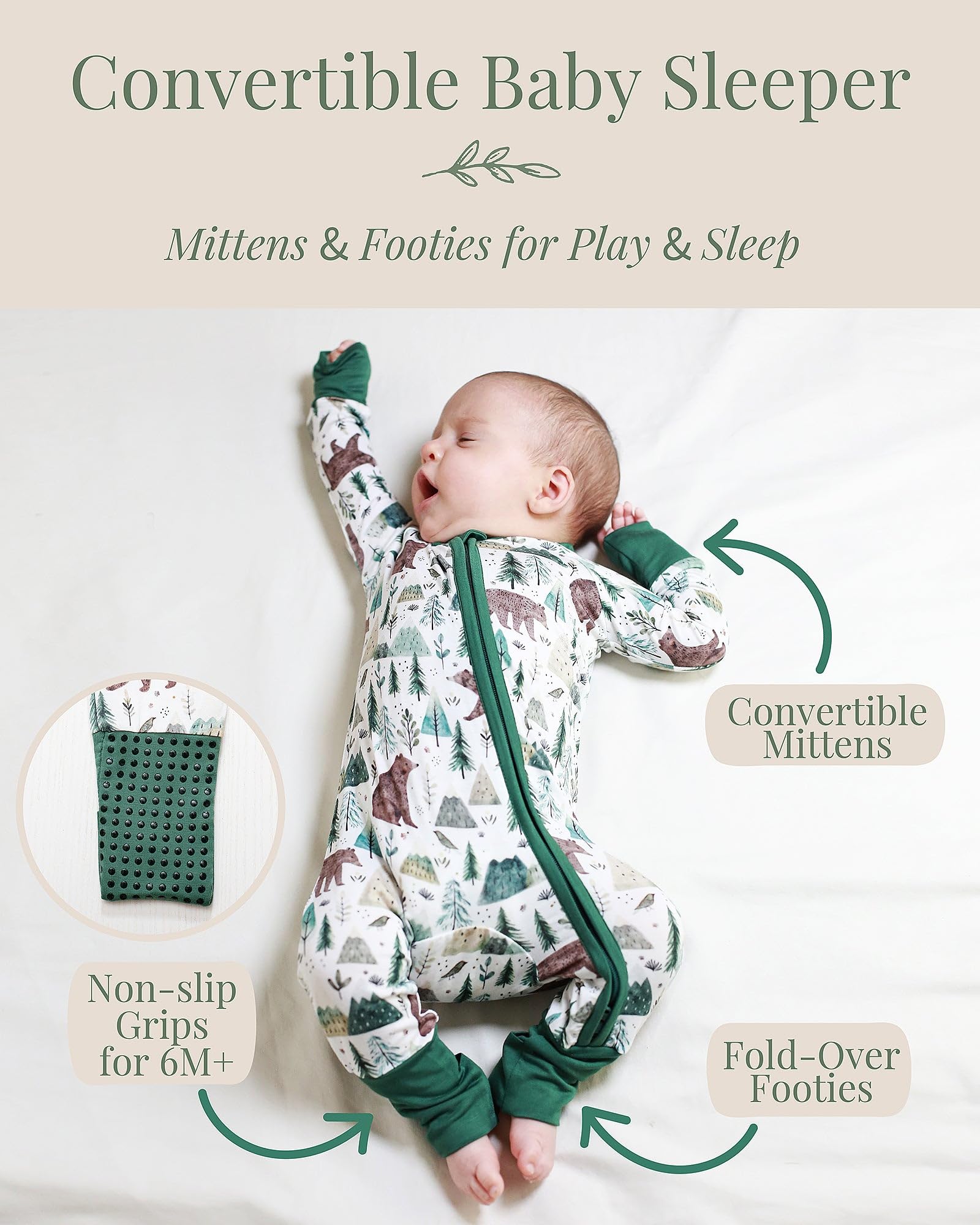Miaoberry sleeper with fold-over mittens for safer, warmer hands.