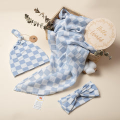 Miaoberry checkered muslin swaddle mist blue bow highlights coordinating accessory