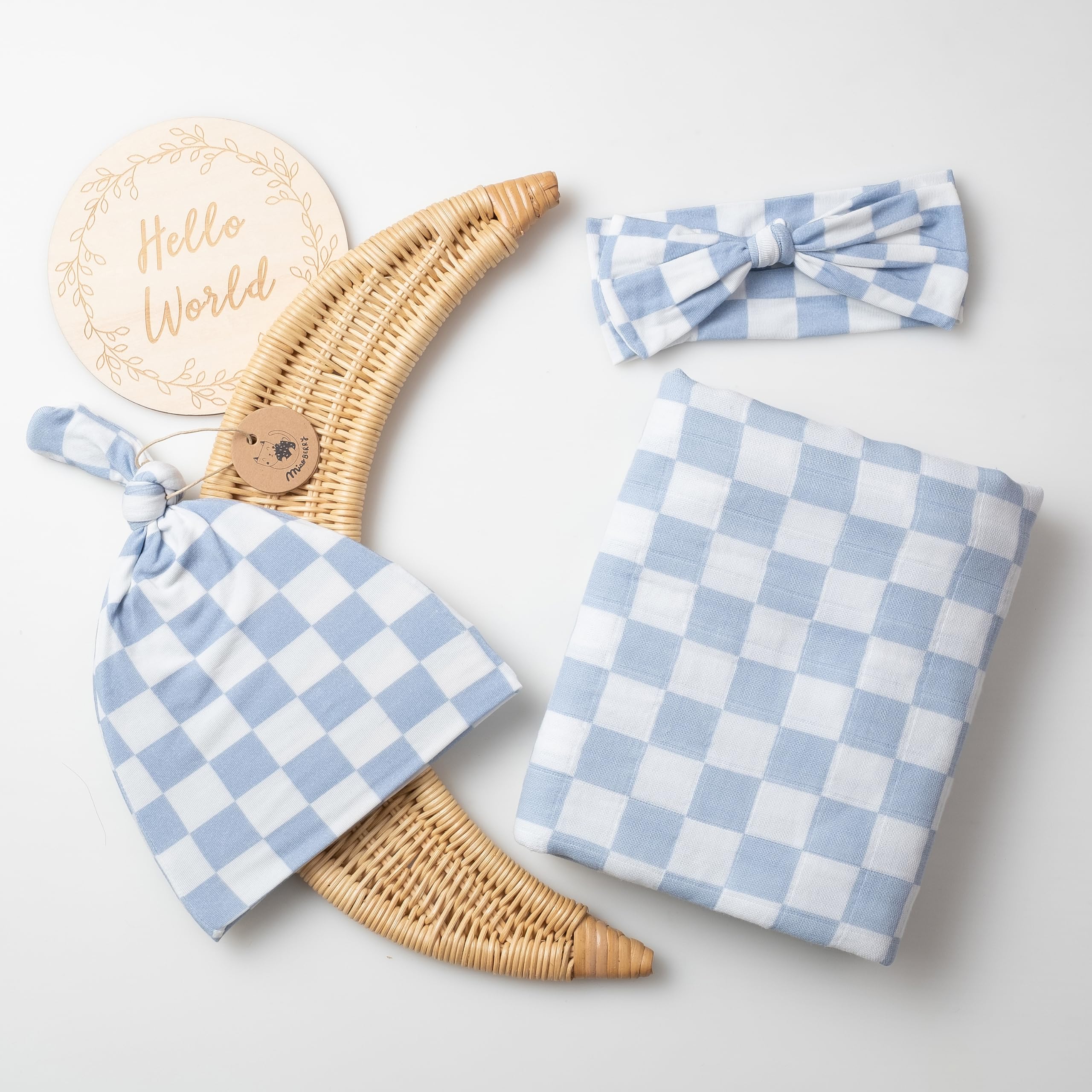 Miaoberry checkered muslin swaddle mist blue full shot ideal for everyday use