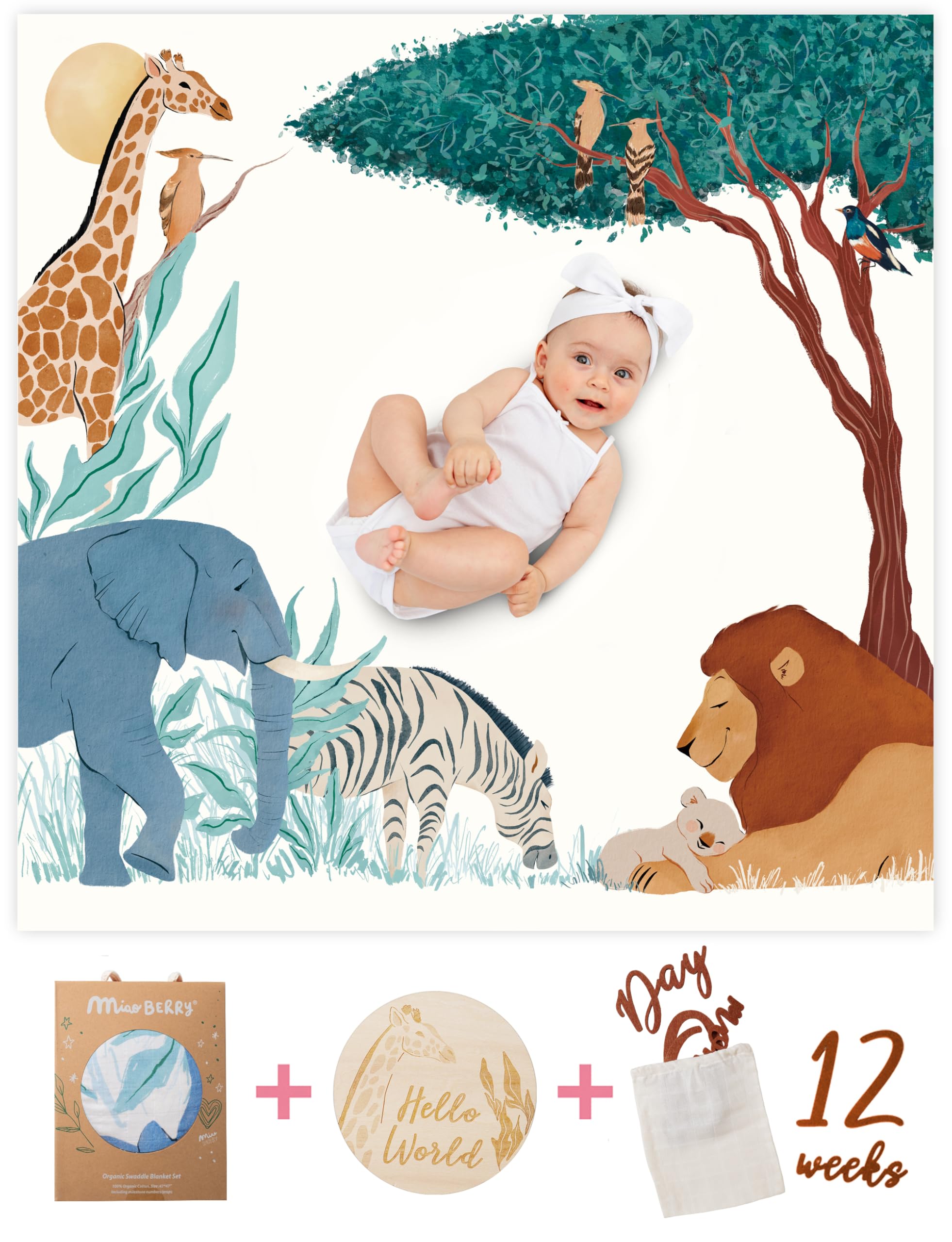 Miaoberry Safari Milestone Blanket shows lion and cub for monthly updates.