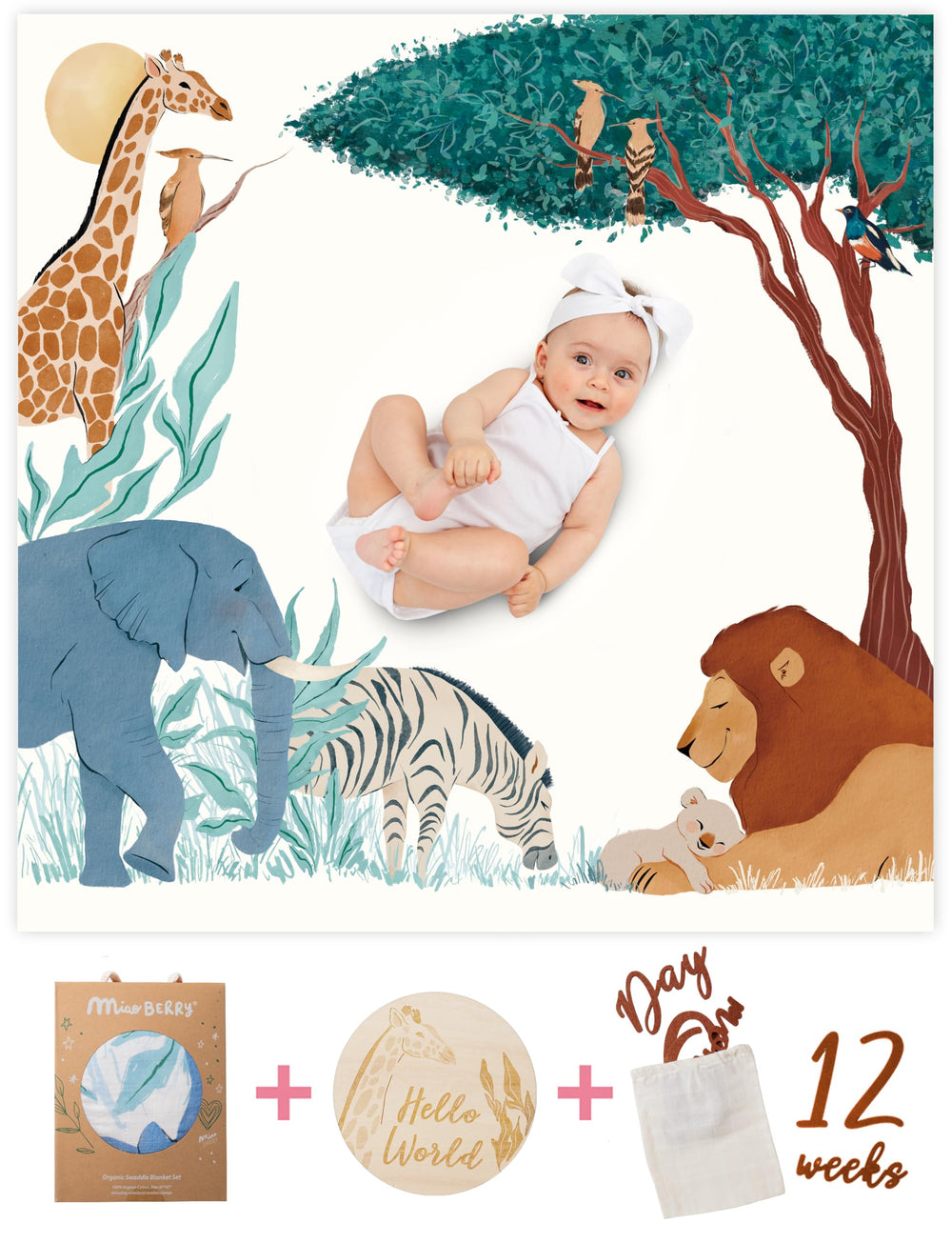 Miaoberry Safari Milestone Blanket shows lion and cub for monthly updates.