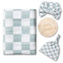 Miaoberry Sage Green Checkered Swaddle box and gifting set for easy gifting.