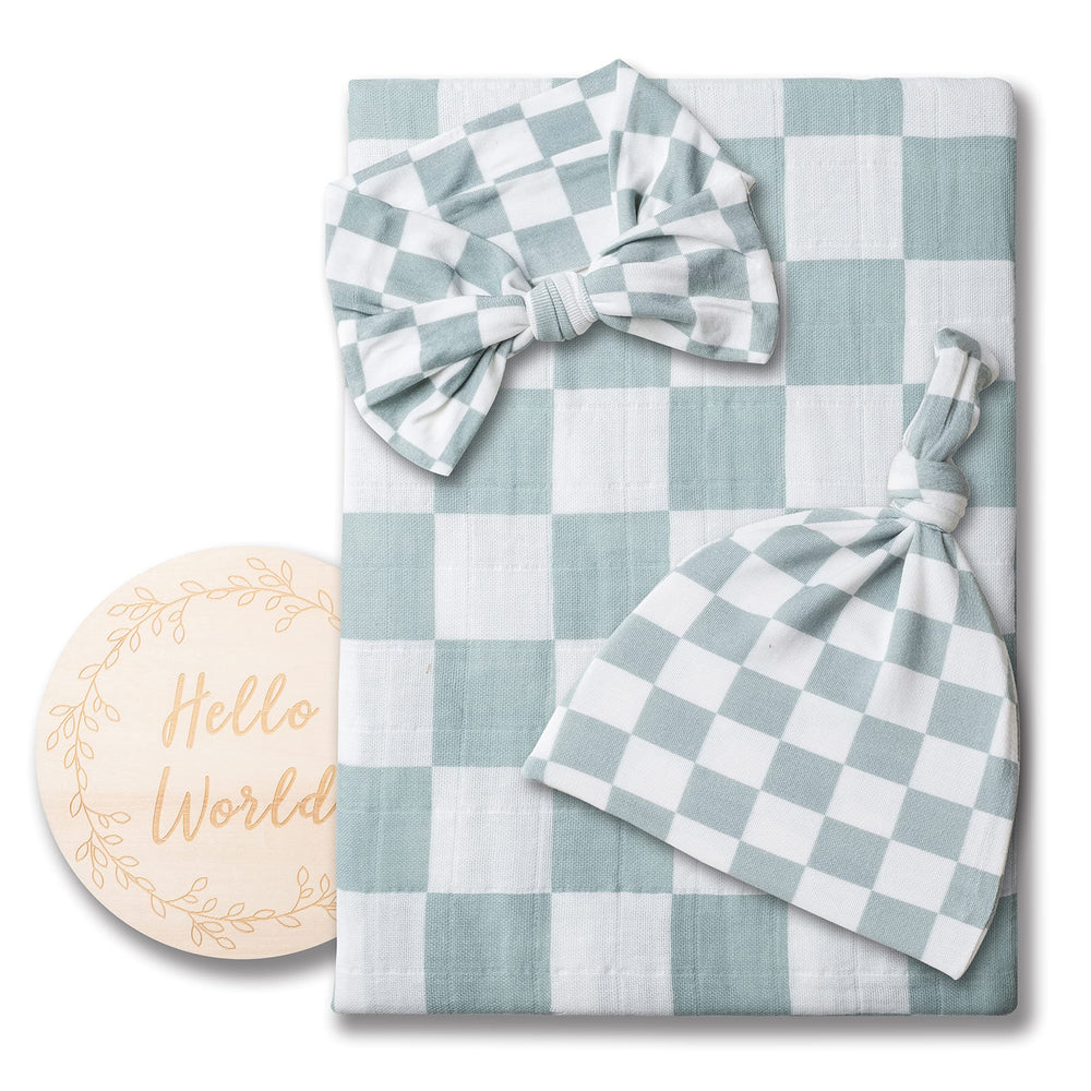 Miaoberry Sage Green Checkered Swaddle ink print demonstrates baby-safe design.