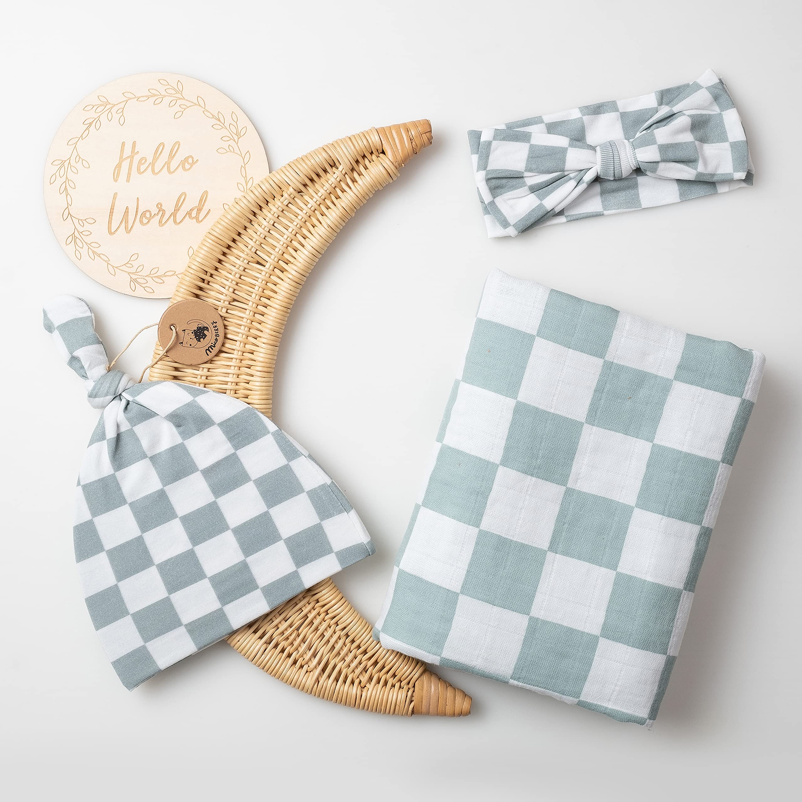 Miaoberry Sage Green Checkered Swaddle fabric close-up showing organic cotton texture.