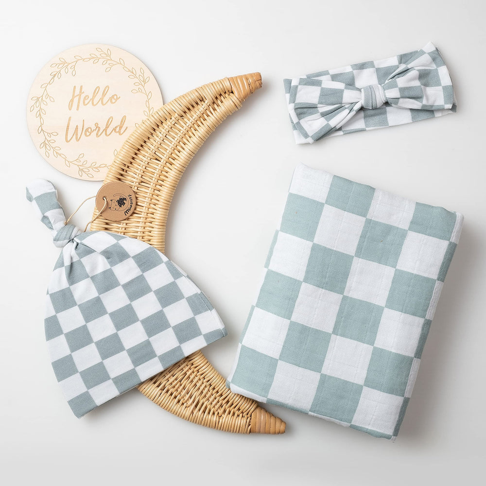 Miaoberry Sage Green Checkered Swaddle fabric close-up showing organic cotton texture.
