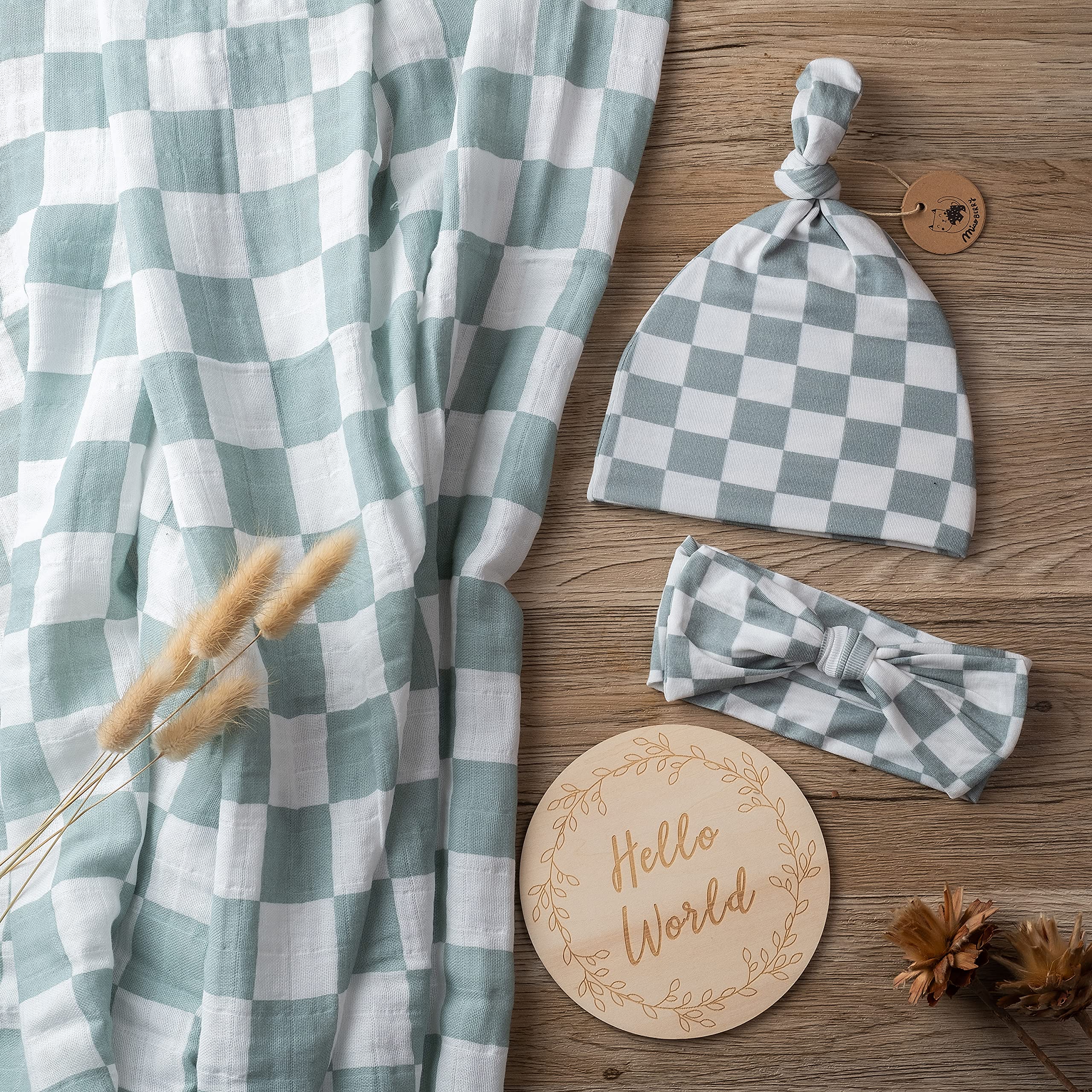 Miaoberry Sage Green Checkered Swaddle gifting set with hat and card.