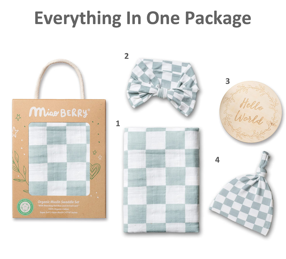 Miaoberry Sage Green Checkered Swaddle worn by baby for snug comfort.