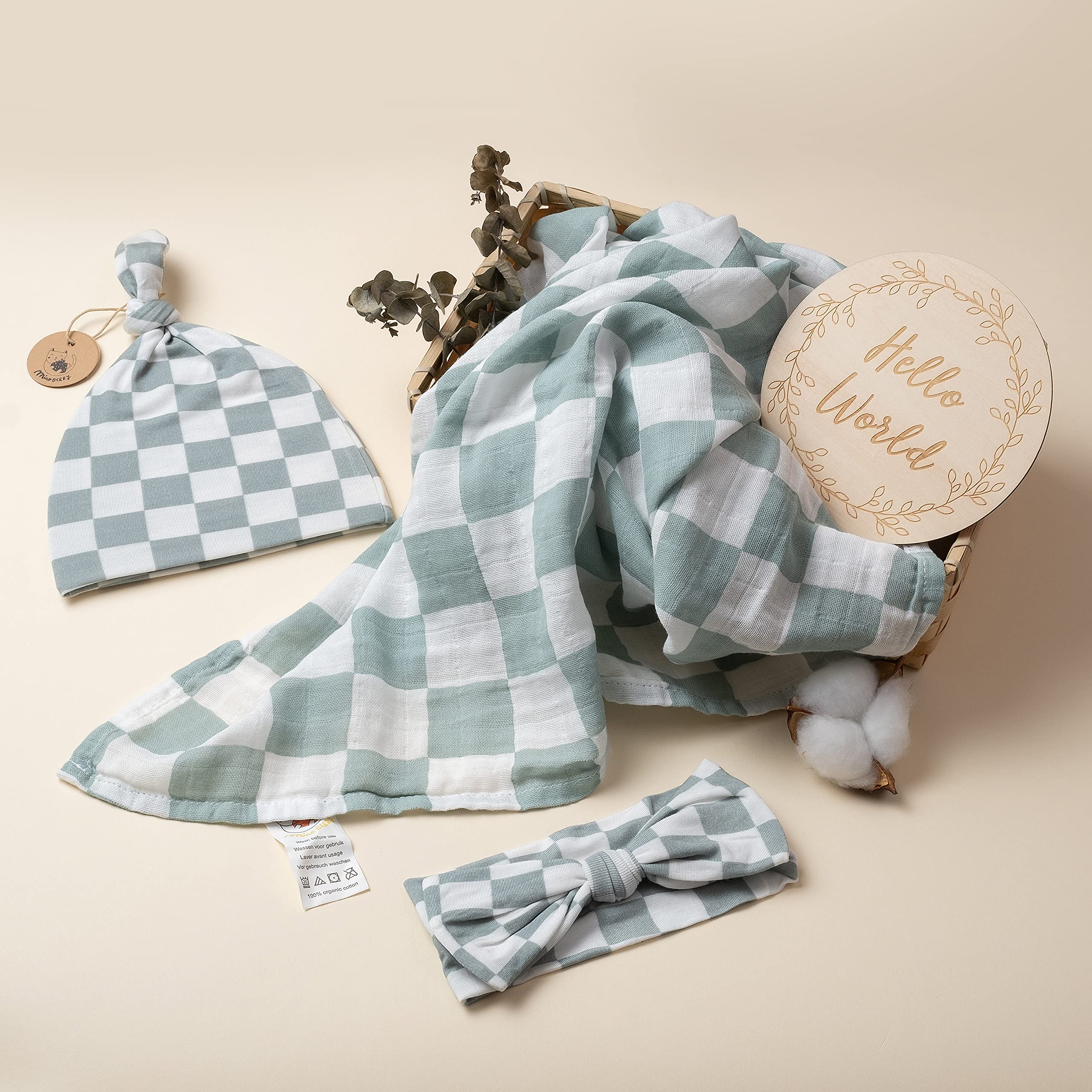 Miaoberry Sage Green Checkered Swaddle 47x47 inches for versatile swaddling.