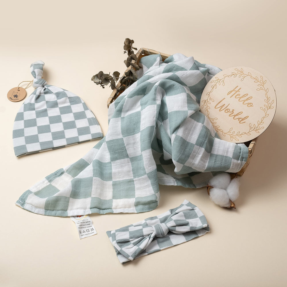 Miaoberry Sage Green Checkered Swaddle 47x47 inches for versatile swaddling.