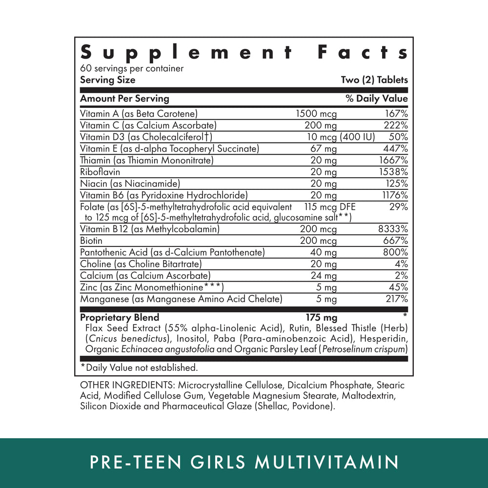 MICHAEL'S Health pre-teen girls tablets close-up highlighting nutrients.