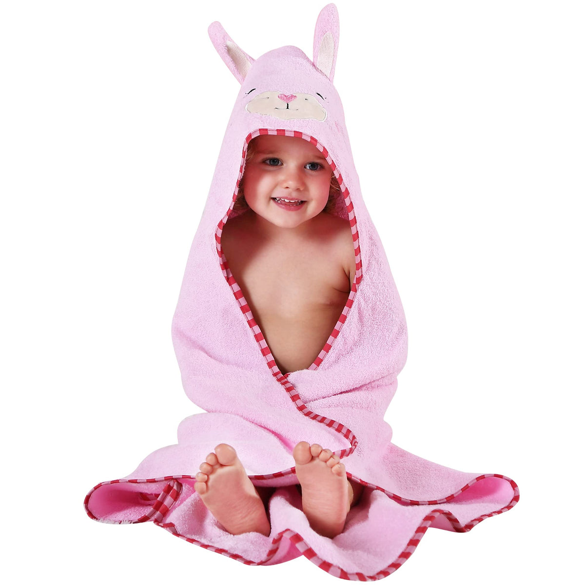 MICHLEY animal-face hooded towel front view; soft cotton for gentle post-bath warmth.