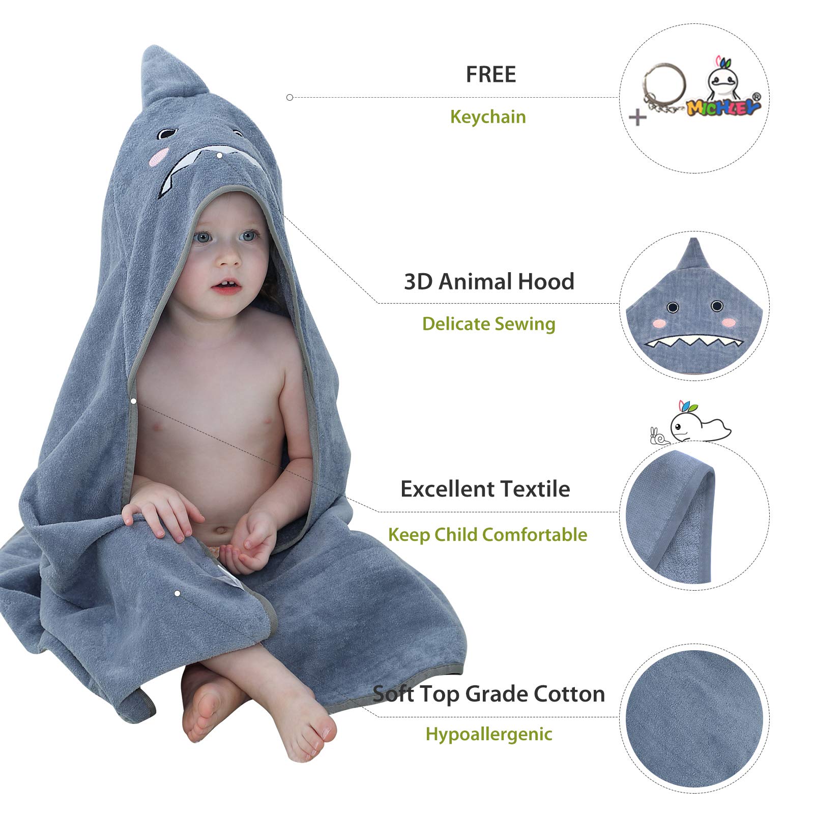 MICHLEY baby hooded towel large size supports growth from infancy to toddler