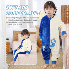 MICHLEY sleeping bag worn by baby, blue penguin design, demonstrates easy wear