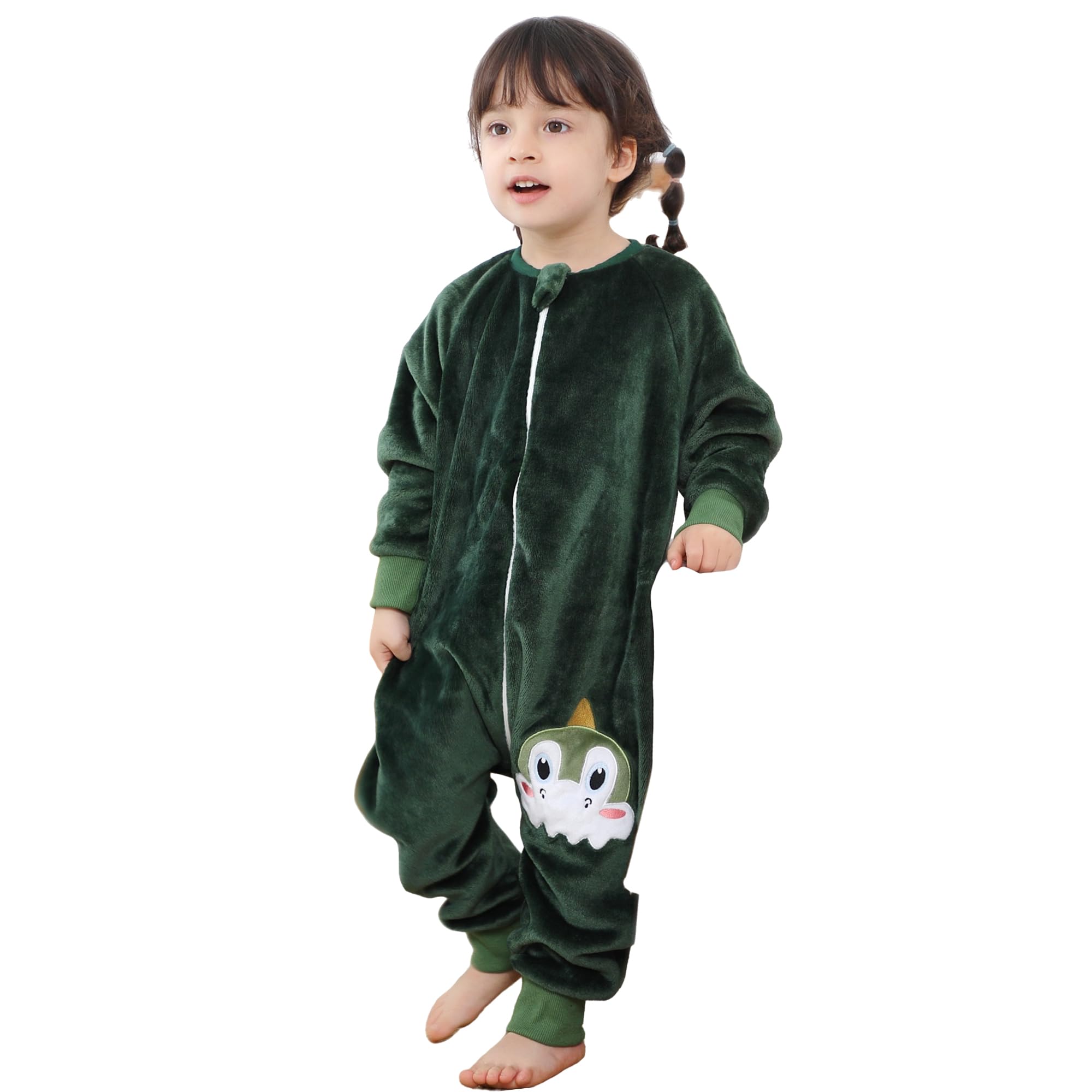 MICHLEY baby sleeping bag with legs in a happy dinosaur design, providing cozy warmth.