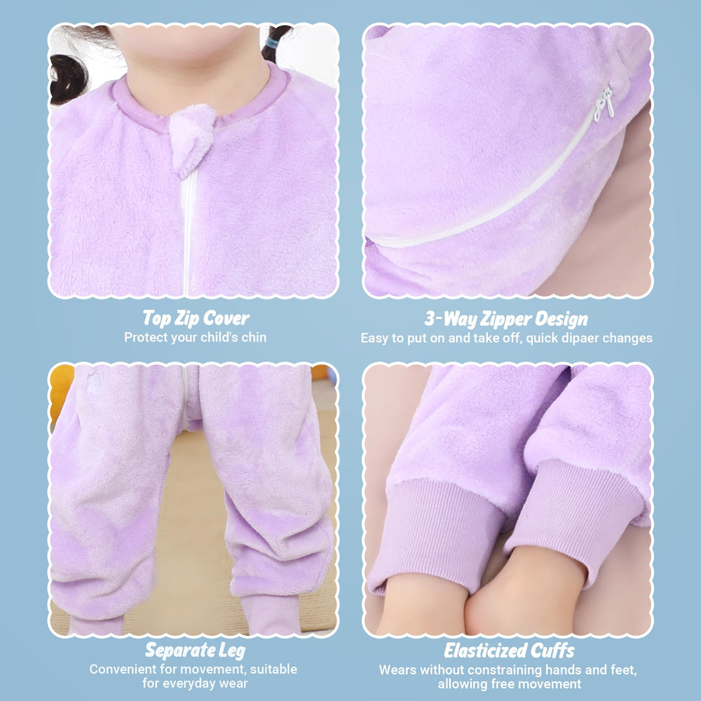 MICHLEY wearable sleeping bag with legs, purple rabbit pattern, leg openings support natural movement.