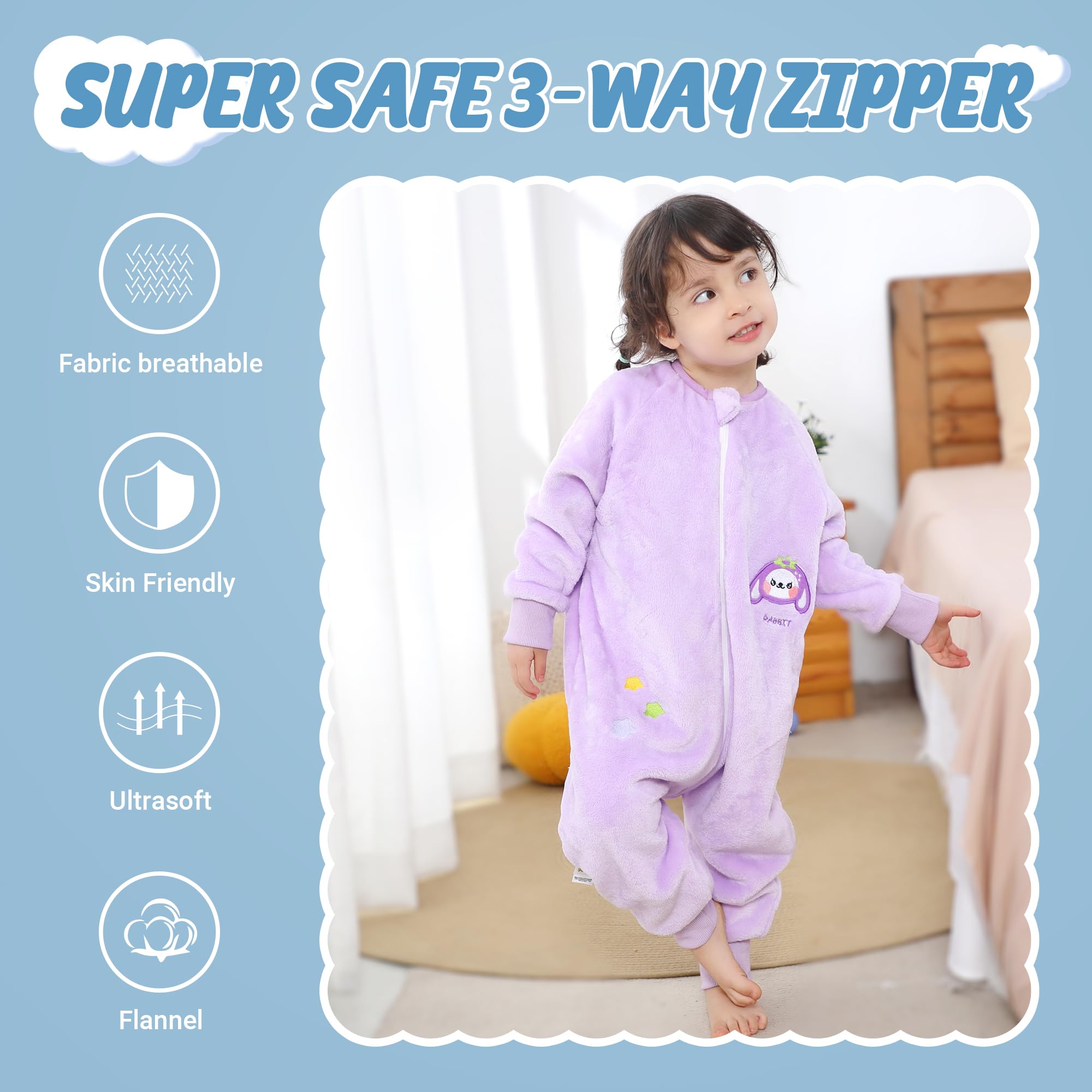 MICHLEY long-sleeve sleeping bag, purple rabbit, shows soft flannel lining for gentle touch.