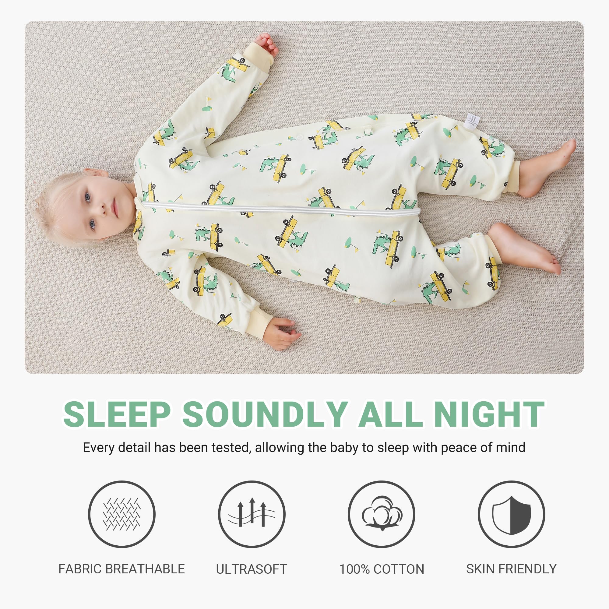 MICHLEY long-sleeve green sleeping sack aids year-round temperature regulation.