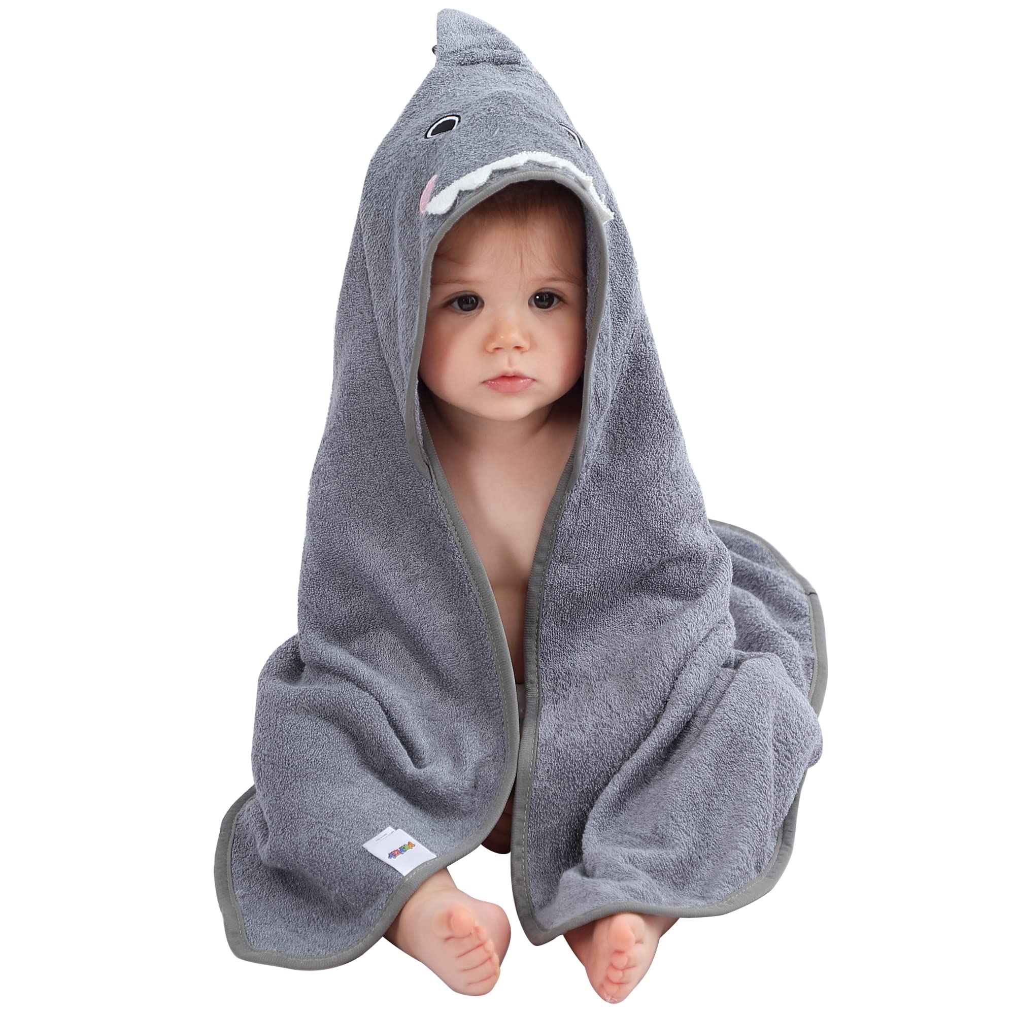 MICHLEY shark-design bamboo hooded towel after bath, warm and cozy.