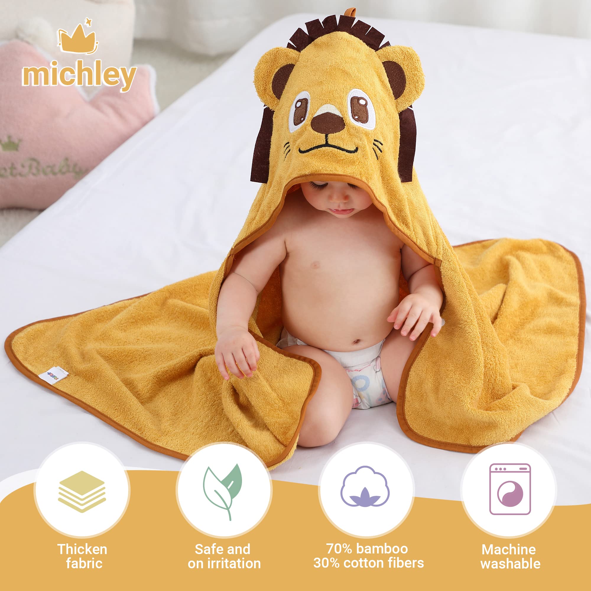MICHLEY bamboo hooded towel Lion after-bath wrap provides full coverage and warmth.