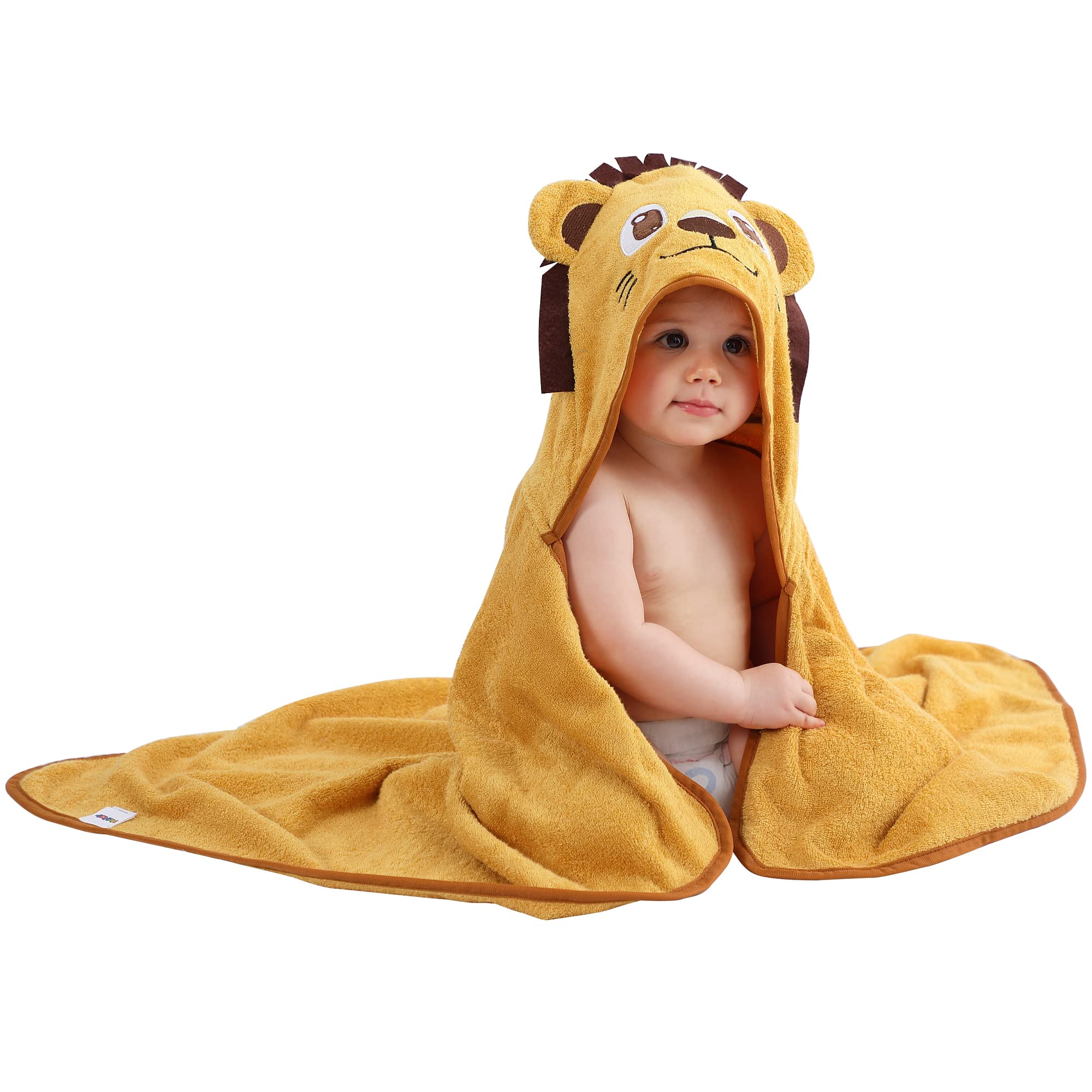 MICHLEY bamboo hooded towel Lion front view; ultra-soft for cozy post-bath snuggles.