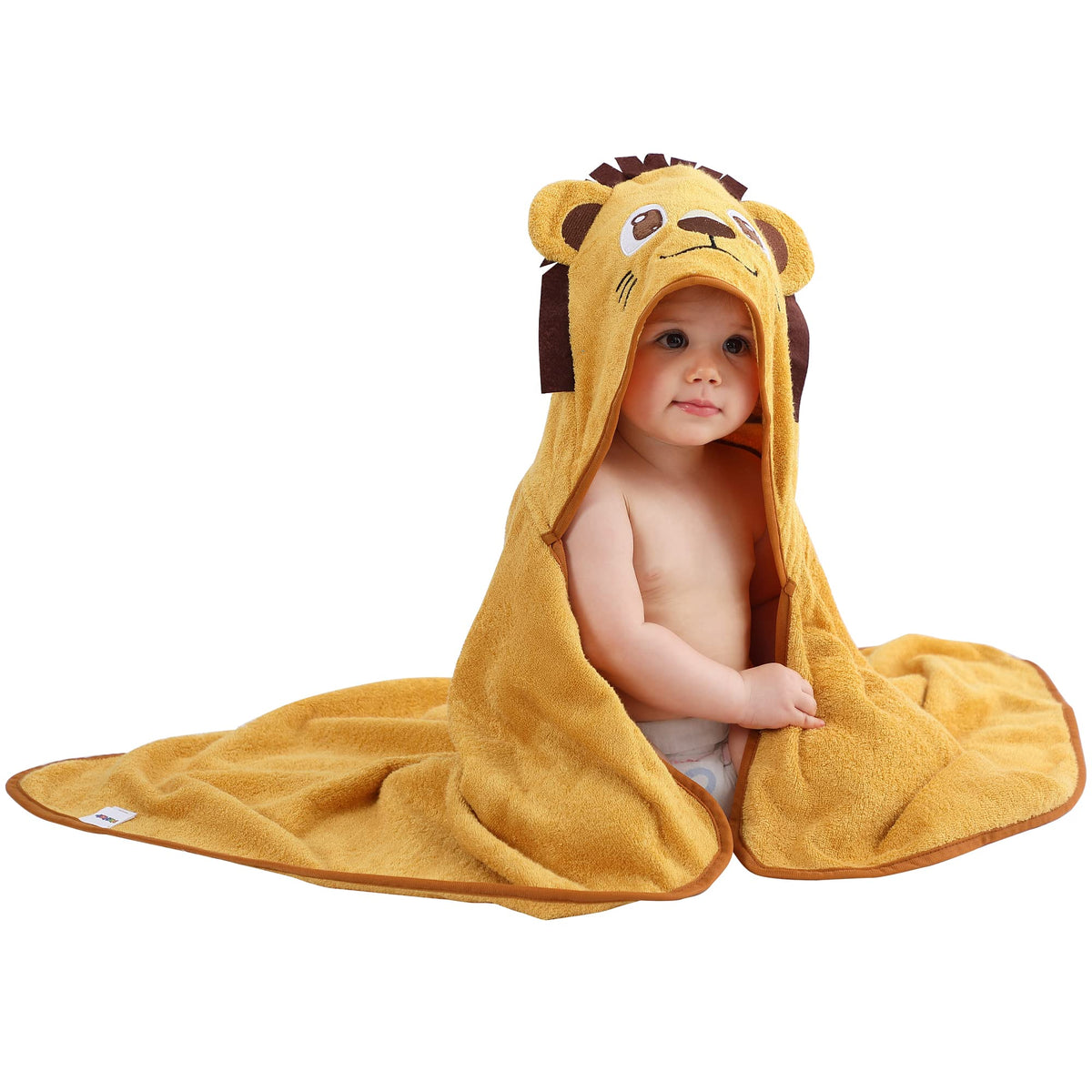 MICHLEY bamboo hooded towel Lion front view; ultra-soft for cozy post-bath snuggles.