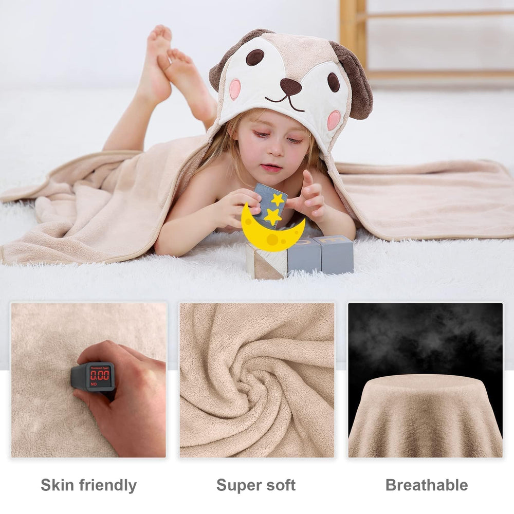 MICHLEY hooded towel front view highlights playful dog print.