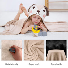 MICHLEY hooded towel front view highlights playful dog print.