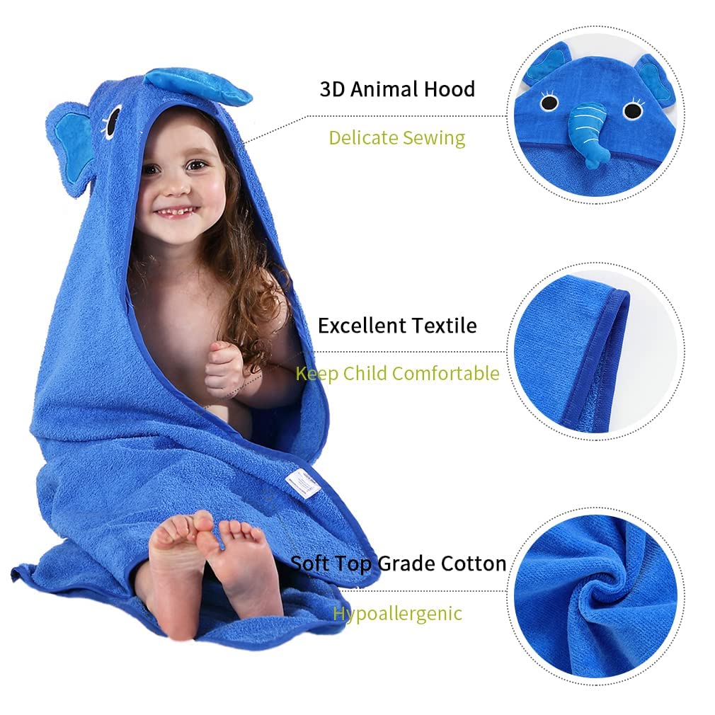 MICHLEY blue hooded towel offers extra-large 35x35 inches.