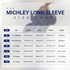 MICHLEY sleeping bag size guide image shows size 80 (9-18m) availability.