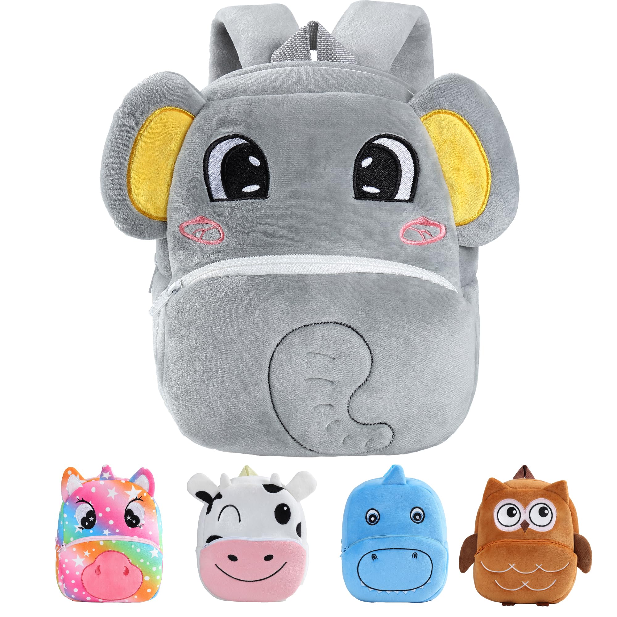 MICHLEY gray elephant backpack front view, ideal for preschool snacks and toys.