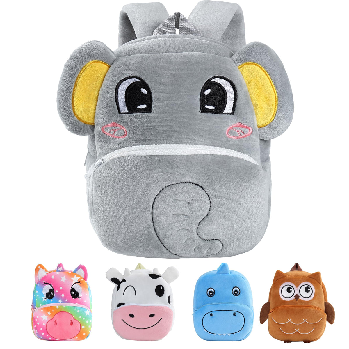 MICHLEY gray elephant backpack front view, ideal for preschool snacks and toys.