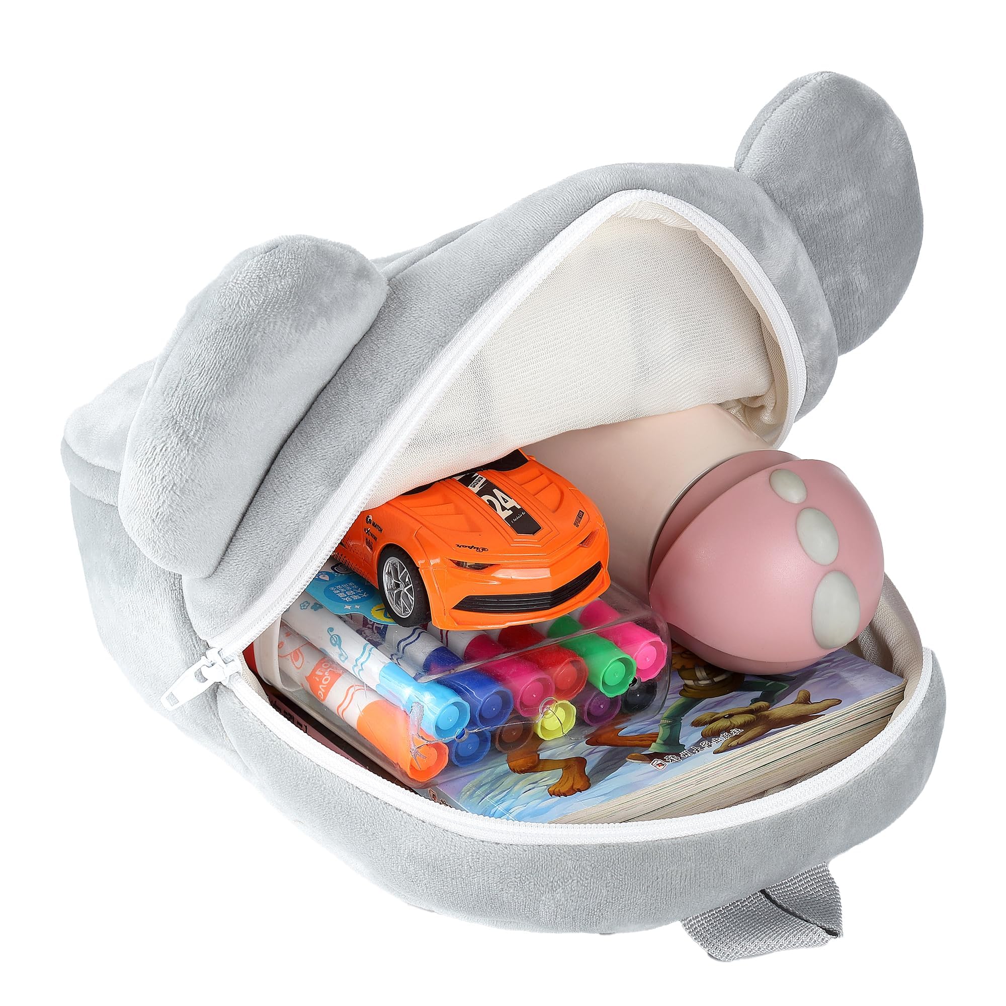 MICHLEY gray elephant backpack in use, perfect daycare or zoo trip companion.