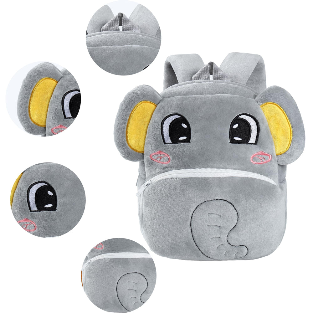 MICHLEY gray elephant backpack strap view, adjustable padded straps support growing shoulders.