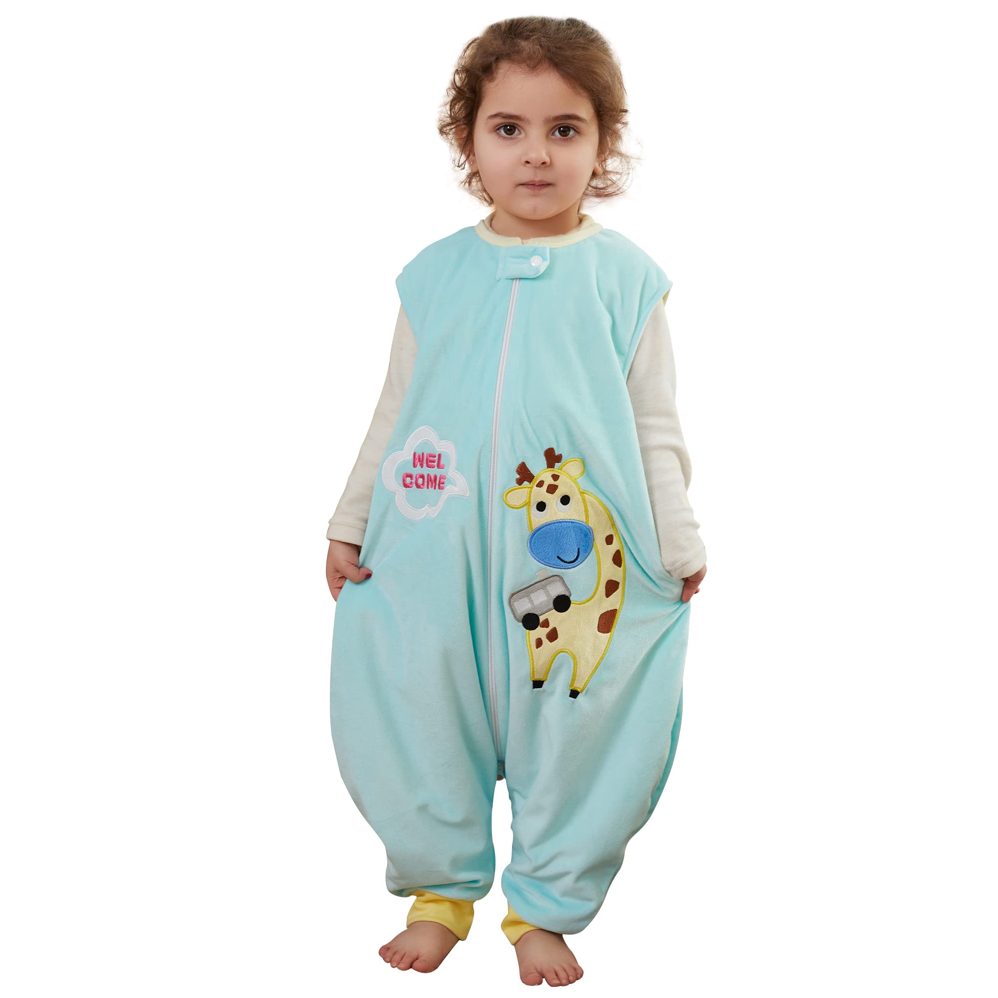 MICHLEY kids sleeping bag in green giraffe print, size L, cozy wearable blanket.