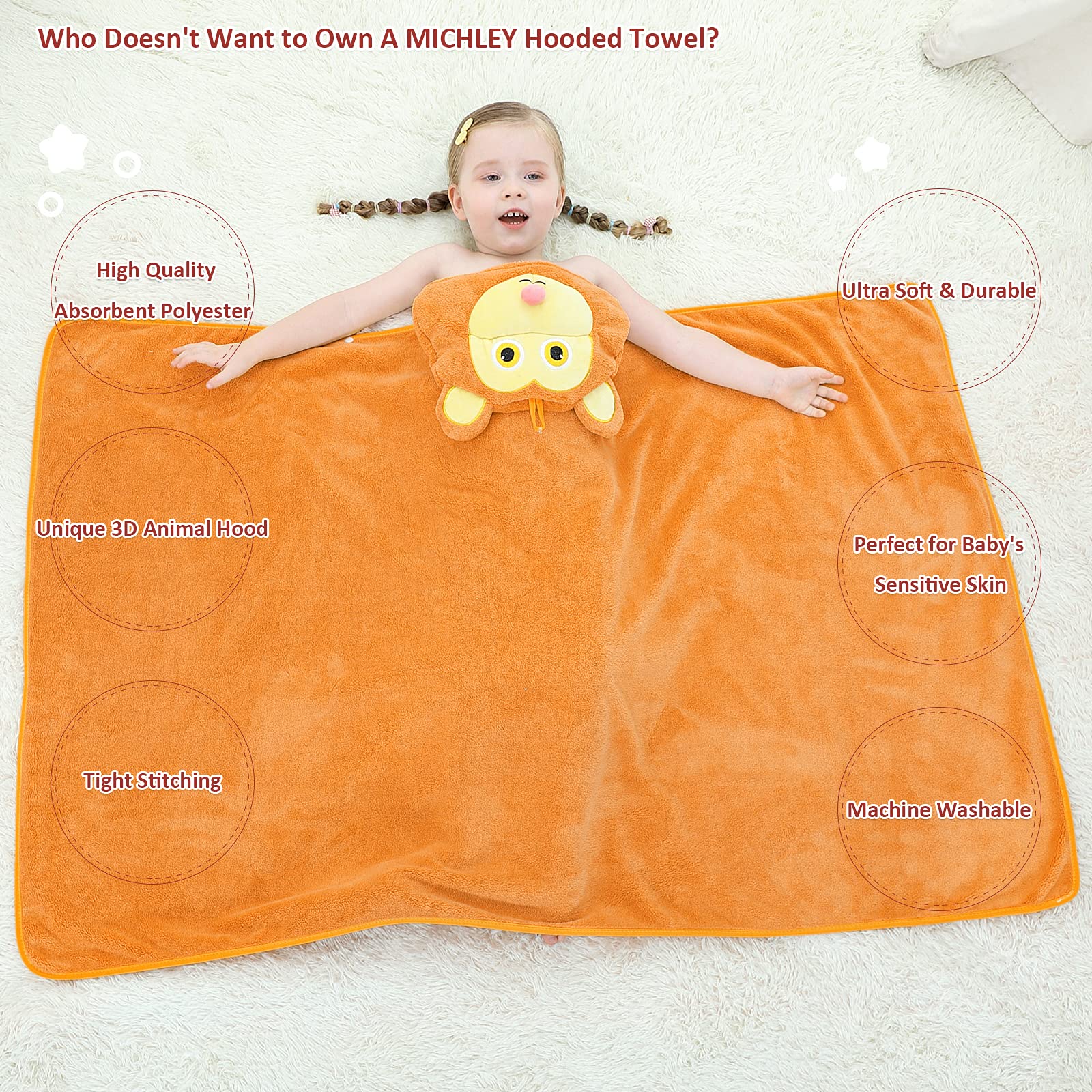 MICHLEY monkey hooded towel worn by toddler after bath for cozy warmth