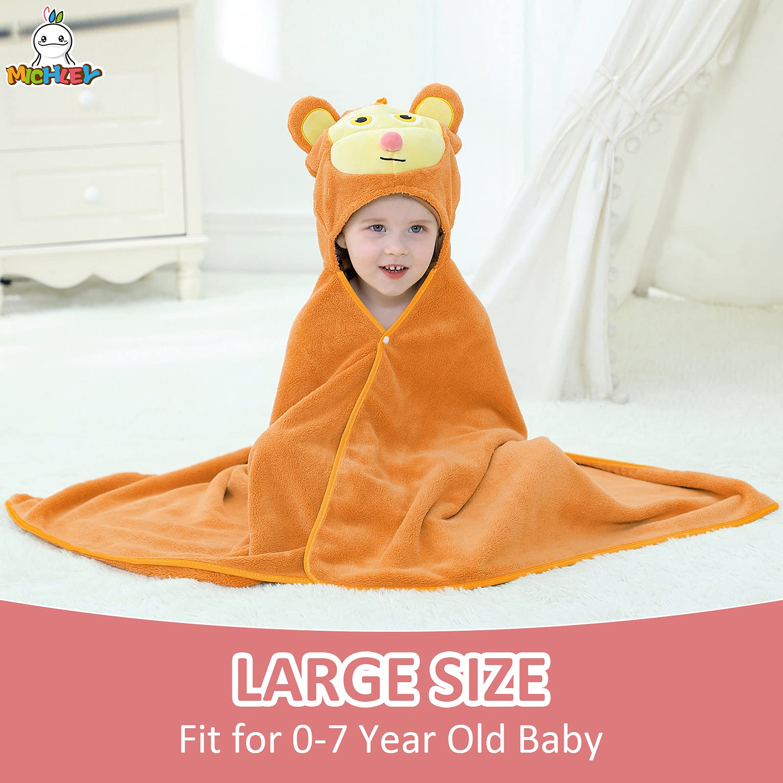 MICHLEY monkey hooded towel open size display emphasizing large coverage