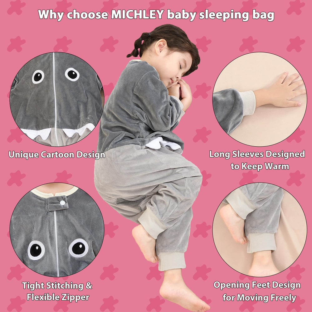 MICHLEY long-sleeve sleeping bag with shark pattern for easy dressing.