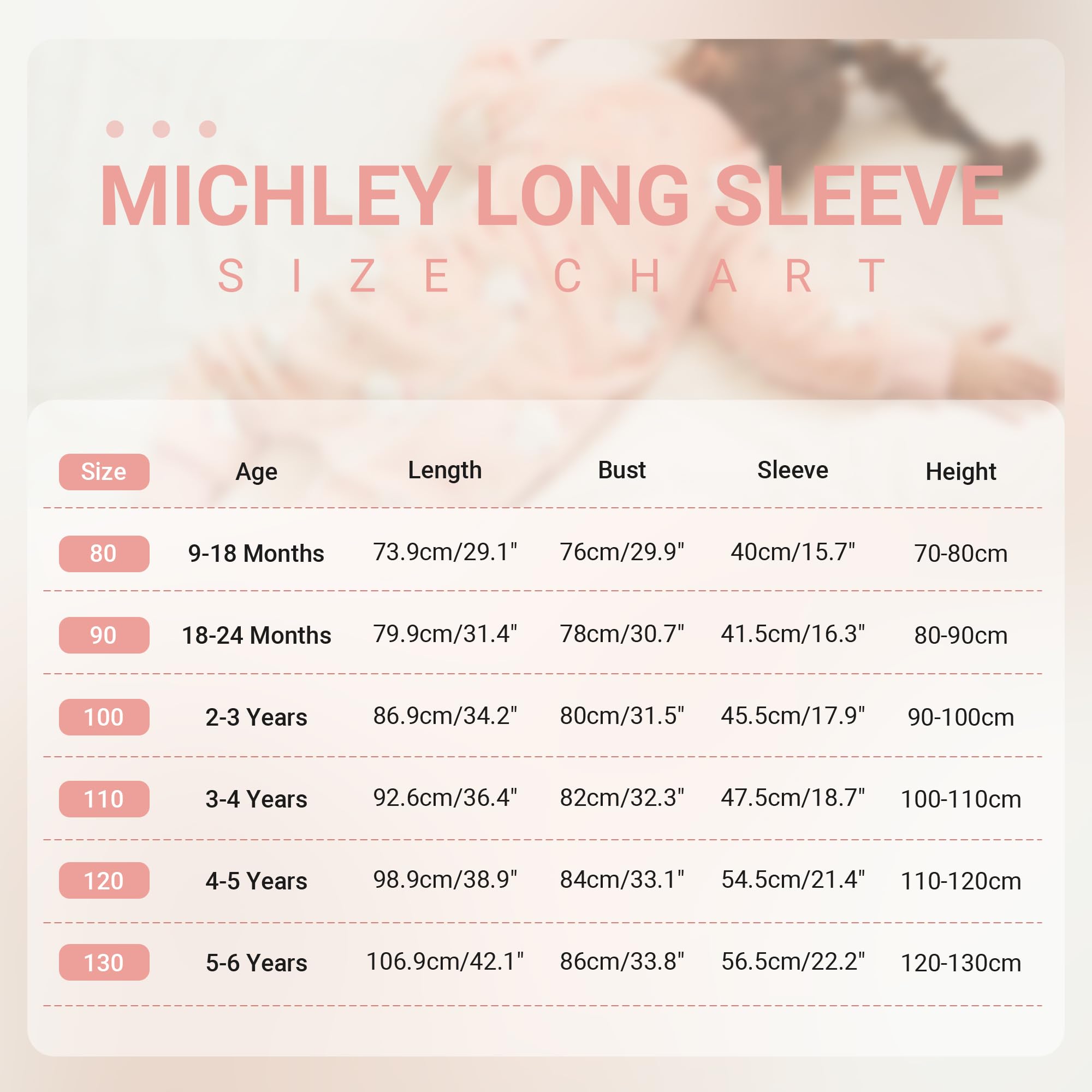 MICHLEY size chart image indicates six growth-friendly options