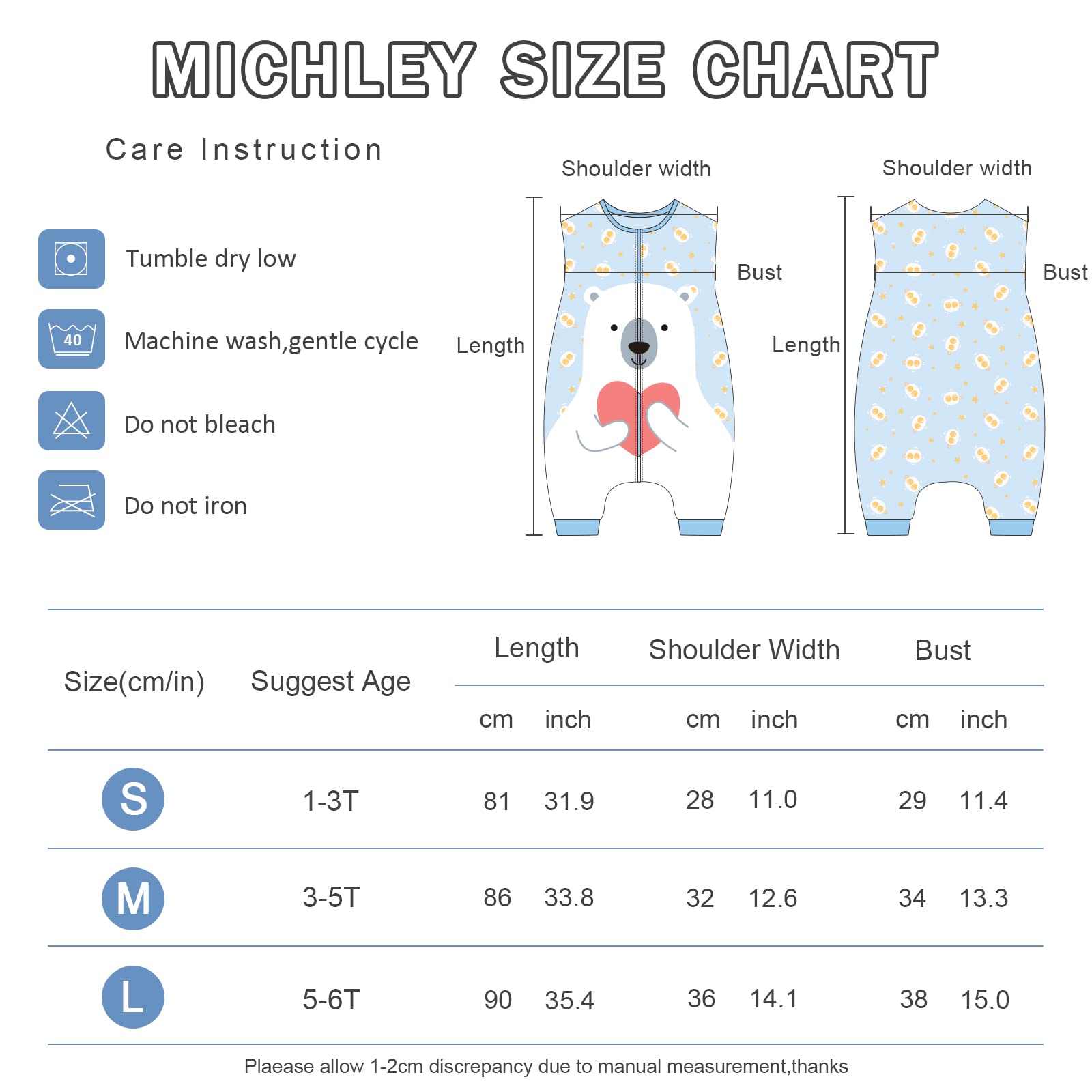 MICHLEY sleeveless sleeping bag with zipper for 1-3T enables easy nightly changes